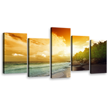 Load image into Gallery viewer, Seychelles Island Canvas Wall Art, Green La Digue Beach 5 Piece Canvas, Yellow Ocean Beach Sky Canvas Print
