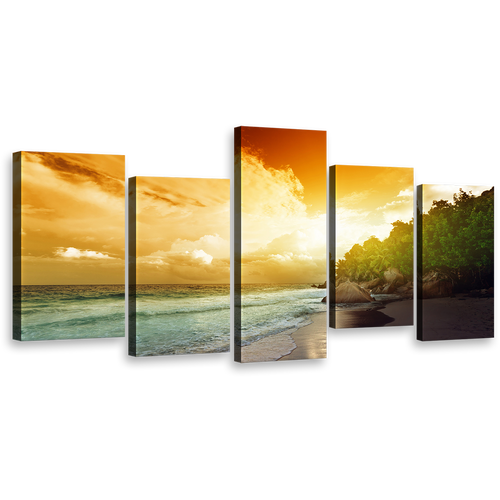 Seychelles Island Canvas Wall Art, Green La Digue Beach 5 Piece Canvas, Yellow Ocean Beach Sky Canvas Print