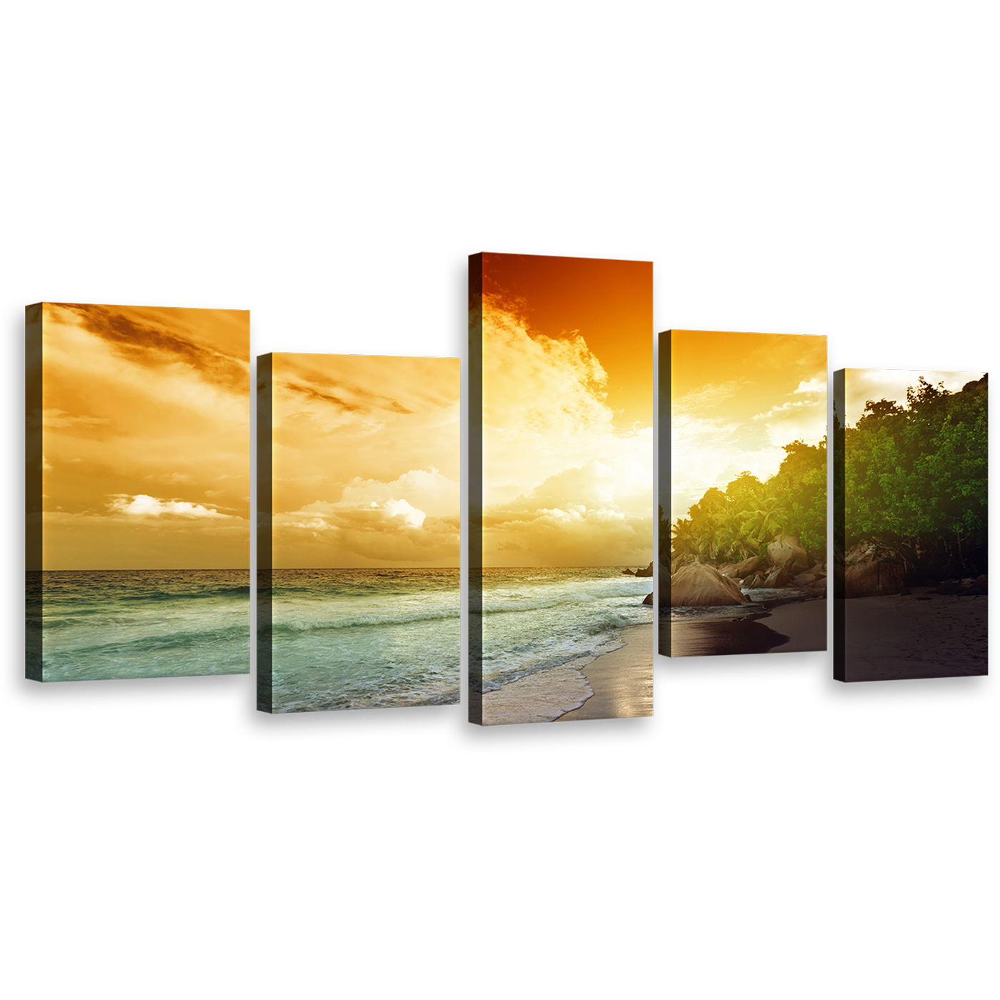 Seychelles Island Canvas Wall Art, Green La Digue Beach 5 Piece Canvas, Yellow Ocean Beach Sky Canvas Print