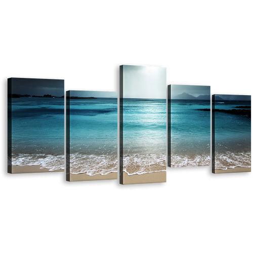 Seychelles Ocean Canvas Print, Grey Ocean Sky Seascape 5 Piece Wall Art, Blue Digue Island Beach 5 Piece Multi Canvas