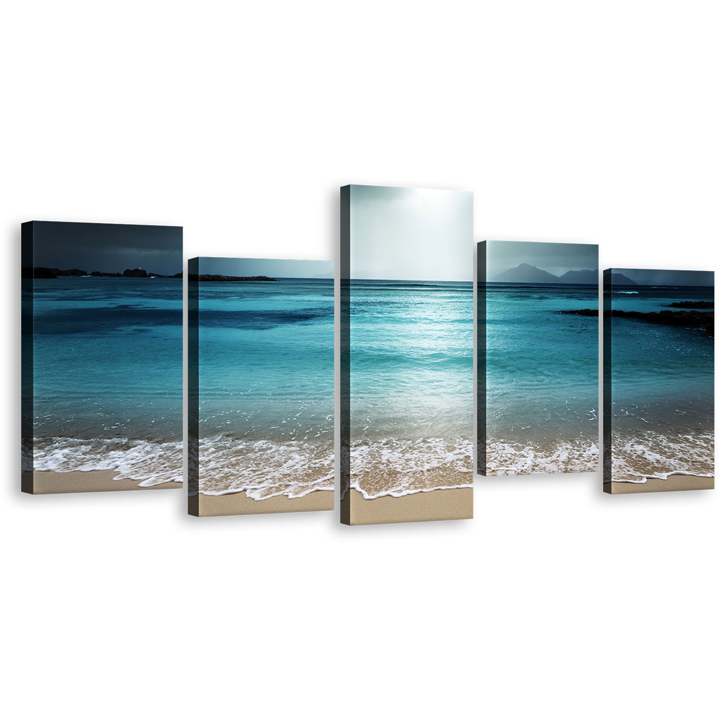 Seychelles Ocean Canvas Print, Grey Ocean Sky Seascape 5 Piece Wall Art, Blue Digue Island Beach 5 Piece Multi Canvas