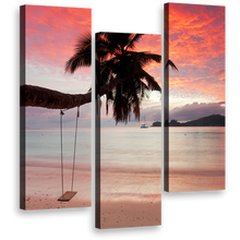 Load image into Gallery viewer, Seychelles Seascape Canvas Wall Art, Palm Tree Green Ocean Beach Canvas Print, Mahe Beach Orange Evening Sky 3 Piece Multi Canvas
