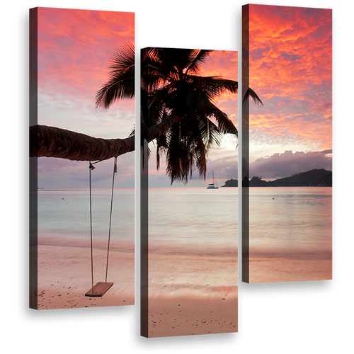 Seychelles Seascape Canvas Wall Art, Palm Tree Green Ocean Beach Canvas Print, Mahe Beach Orange Evening Sky 3 Piece Multi Canvas