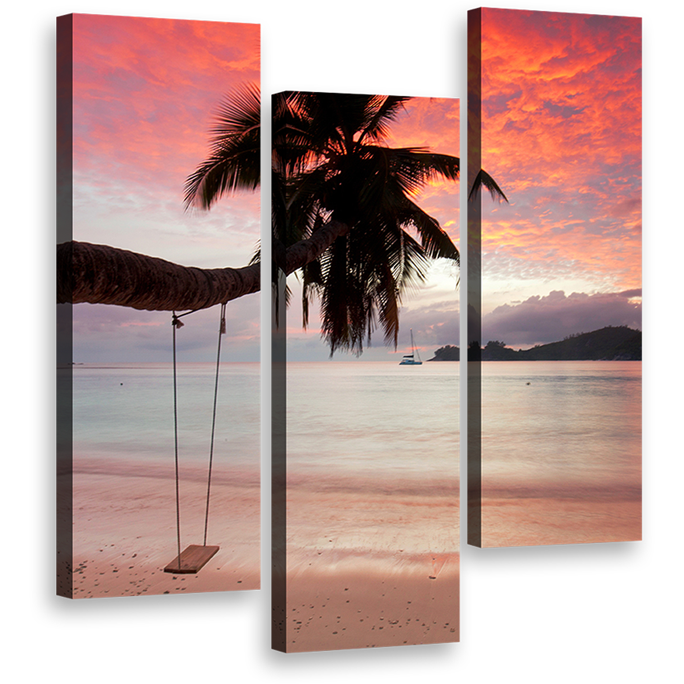 Seychelles Seascape Canvas Wall Art, Palm Tree Green Ocean Beach Canvas Print, Mahe Beach Orange Evening Sky 3 Piece Multi Canvas