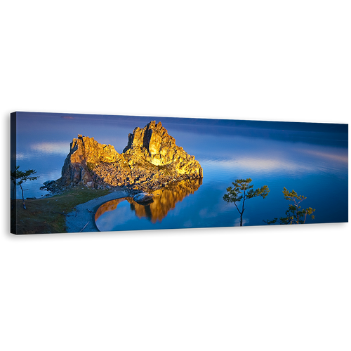 Shaman Mountain Canvas Print, Blue Lake Baikal Cliff Landscape 1 Piece Canvas Wall Art, Yellow Ocean Mountain Wide Canvas