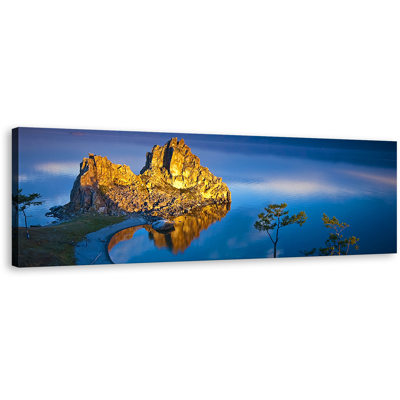 Shaman Mountain Canvas Print, Blue Lake Baikal Cliff Landscape 1 Piece Canvas Wall Art, Yellow Ocean Mountain Wide Canvas