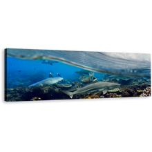 Load image into Gallery viewer, Shark Ocean Wall Art, Underwater Grey Sharks Fish Wide Canvas Art, Blue Ocean Waves Panoramic Canvas Print
