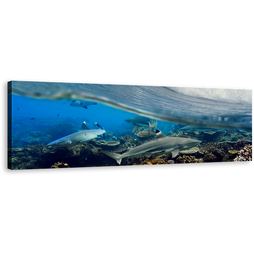 Shark Ocean Wall Art, Underwater Grey Sharks Fish Wide Canvas Art, Blue Ocean Waves Panoramic Canvas Print