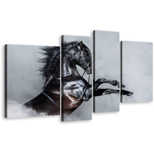 Shiny Horse Canvas Print, Horse White Dust Canvas Set, Grey Horse Rearing 4 Piece Canvas Wall Art, Black Horse Multi Canvas