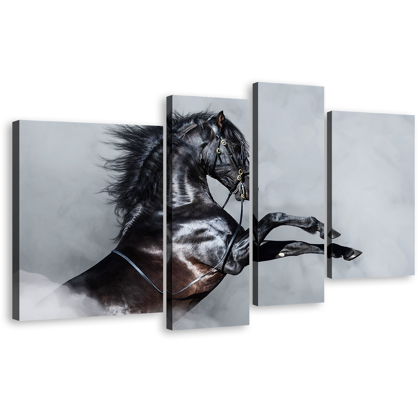 Shiny Horse Canvas Print, Horse White Dust Canvas Set, Grey Horse Rearing 4 Piece Canvas Wall Art, Black Horse Multi Canvas