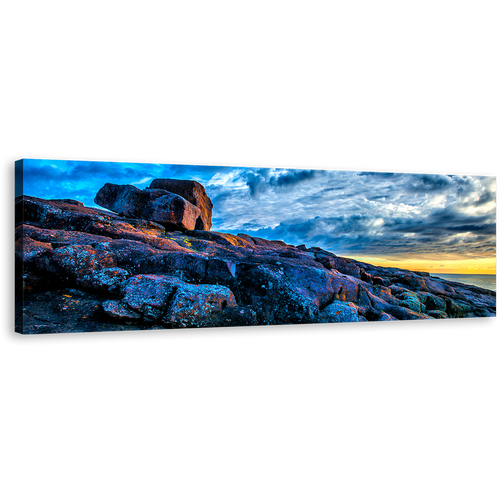 Short Point Canvas Print, Merimbula Blue Ocean Rocks 1 Piece Canvas Wall Art, Australia Yellow Sky Ocean Canvas Artwork