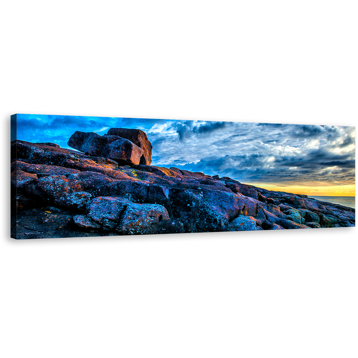 Short Point Canvas Print, Merimbula Blue Ocean Rocks 1 Piece Canvas Wall Art, Australia Yellow Sky Ocean Canvas Artwork