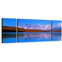 Load image into Gallery viewer, SiChuan Landscape Canvas Print, Cloudy Brown Ocean Mountains Reflection Split Canvas, Blue JinDing Mountain 3 Piece Canvas Wall Art, China God Lake Triptych Canvas Set
