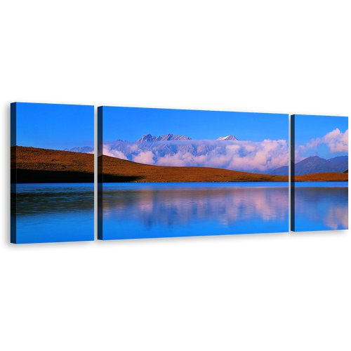 SiChuan Landscape Canvas Print, Cloudy Brown Ocean Mountains Reflection Split Canvas, Blue JinDing Mountain 3 Piece Canvas Wall Art, China God Lake Triptych Canvas Set