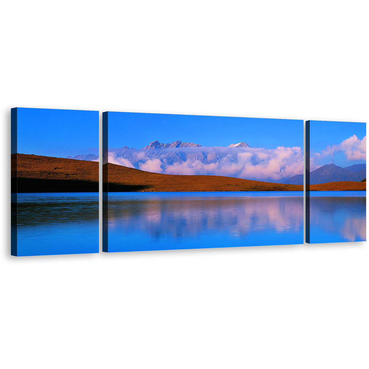 SiChuan Landscape Canvas Print, Cloudy Brown Ocean Mountains Reflection Split Canvas, Blue JinDing Mountain 3 Piece Canvas Wall Art, China God Lake Triptych Canvas Set