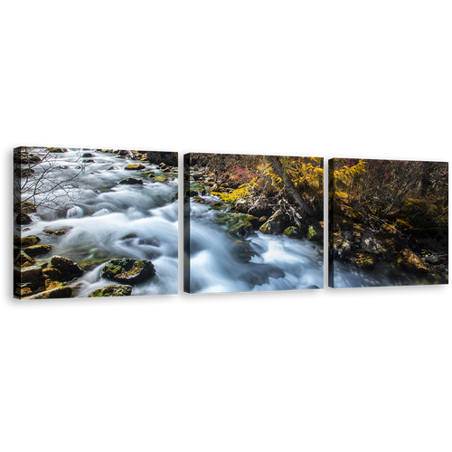 Sichuan Waterfall Canvas Wall Art, Yellow Pine Forest Autumn Waterfall 3 Piece Canvas Print, Beautiful Mountain White Waterfall Forest Canvas Set