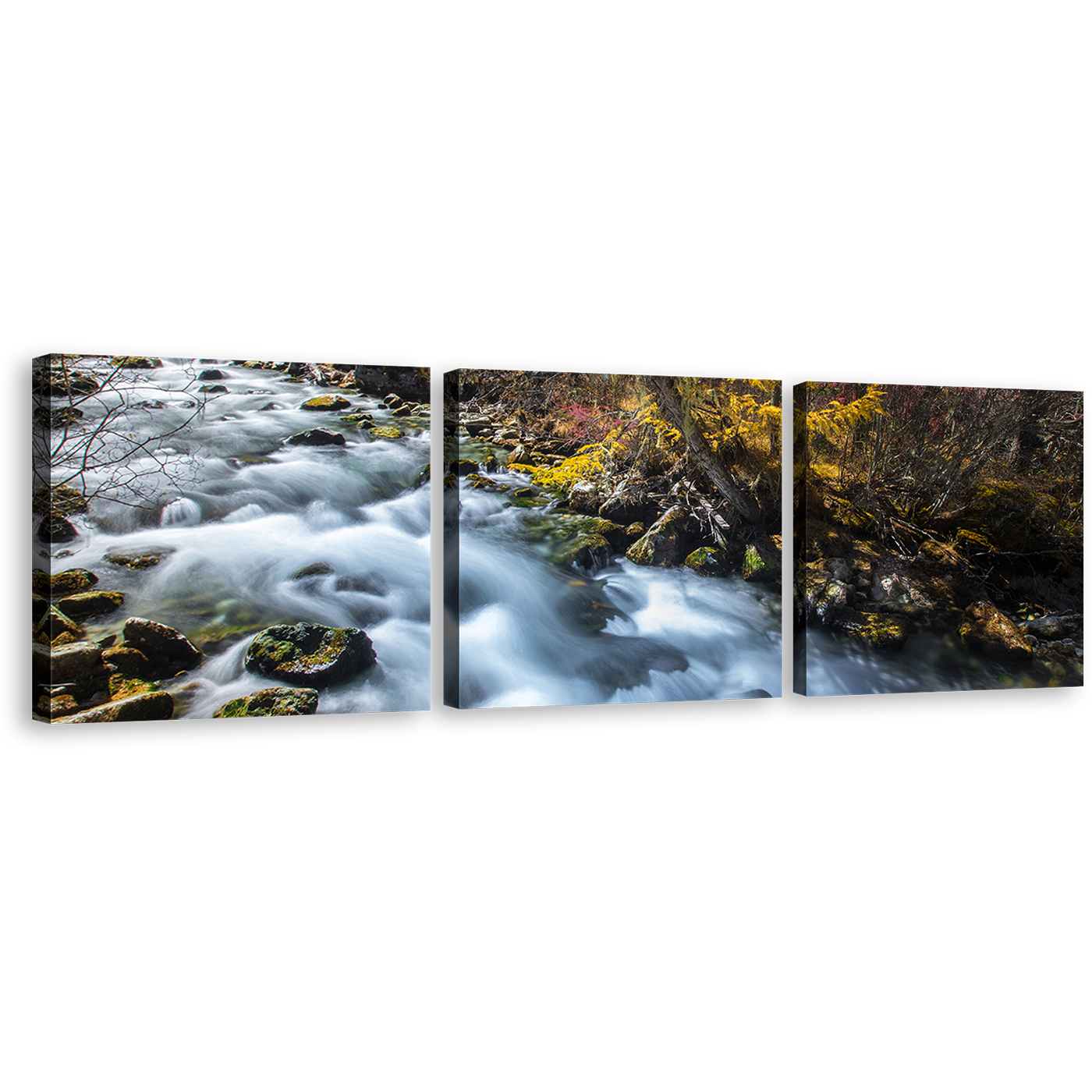 Sichuan Waterfall Canvas Wall Art, Yellow Pine Forest Autumn Waterfall 3 Piece Canvas Print, Beautiful Mountain White Waterfall Forest Canvas Set