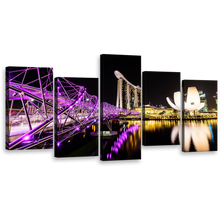 Load image into Gallery viewer, Singapore Bridge Canvas Print, Marina Bay Sands Yellow Resort Reflection Canvas Set, Purple Helix Bridge 5 Piece Wall Art
