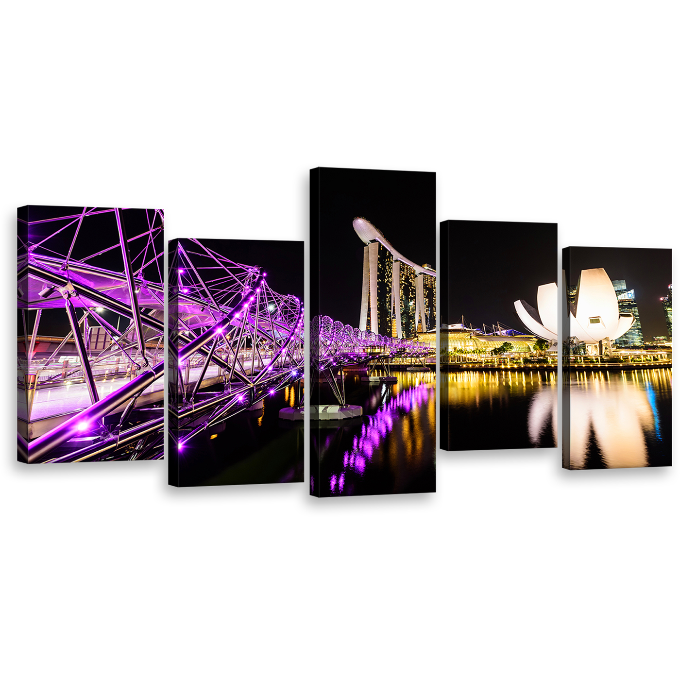 Singapore Bridge Canvas Print, Marina Bay Sands Yellow Resort Reflection Canvas Set, Purple Helix Bridge 5 Piece Wall Art