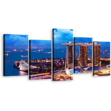 Load image into Gallery viewer, Singapore City Canvas Wall Art, Marina Bay Yellow City Lights 5 Piece Multi Canvas, Blue Sea Cityscape Lights Ships Canvas Print
