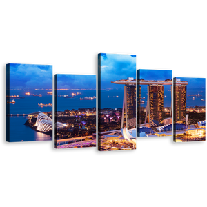 Singapore City Canvas Wall Art, Marina Bay Yellow City Lights 5 Piece Multi Canvas, Blue Sea Cityscape Lights Ships Canvas Print
