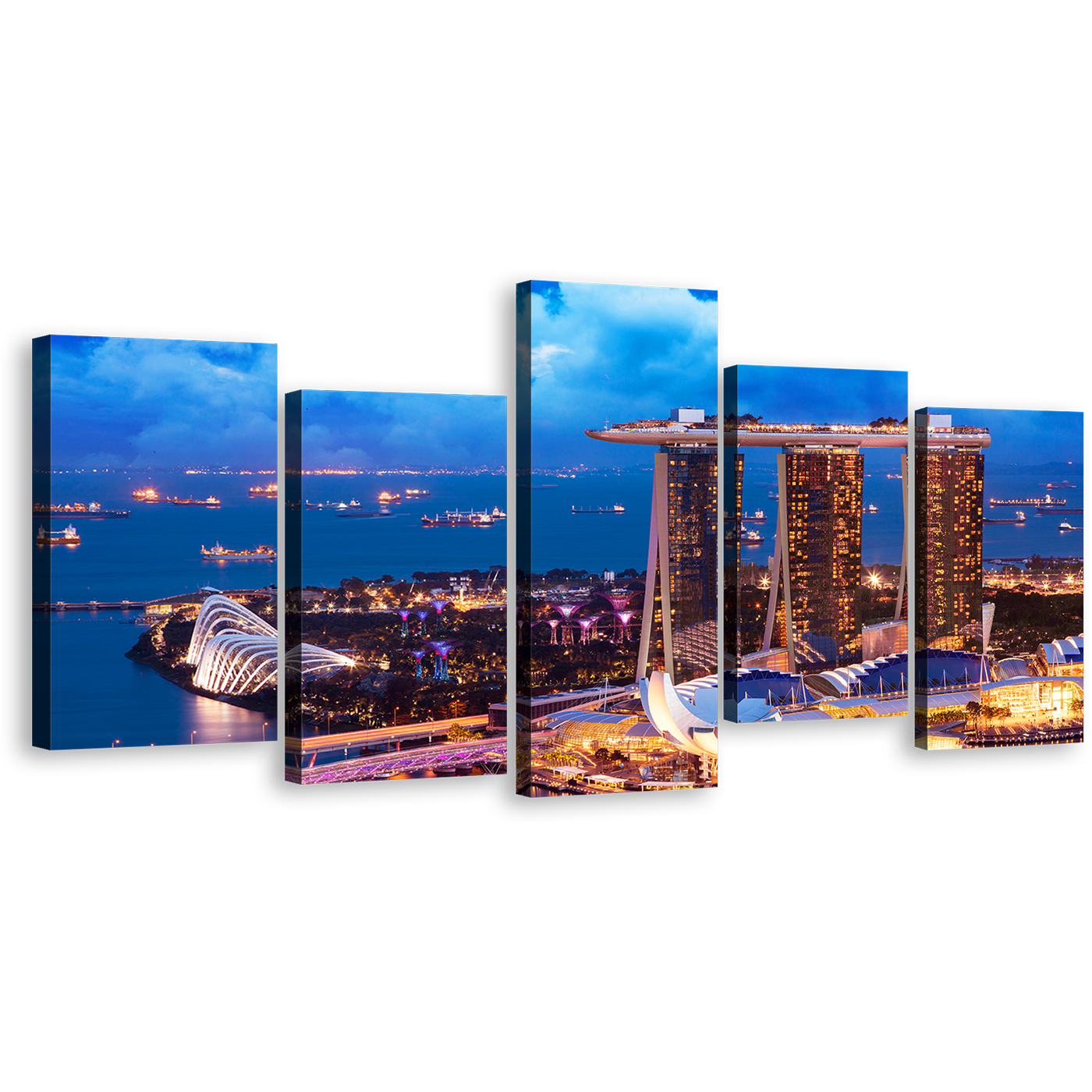 Singapore City Canvas Wall Art, Marina Bay Yellow City Lights 5 Piece Multi Canvas, Blue Sea Cityscape Lights Ships Canvas Print