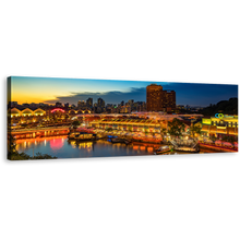 Load image into Gallery viewer, Singapore Cityscape Canvas Wall Art, Blue Cloudy Sky Night View 1 Piece Canvas Print, Yellow Harbors City River Reflection Canvas Artwork
