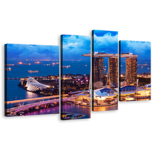 Load image into Gallery viewer, Singapore Cityscape Canvas Wall Art, Brown City at Dusk 4 Piece Canvas Print, Blue Sky Marina Bay Multi Canvas Artwork
