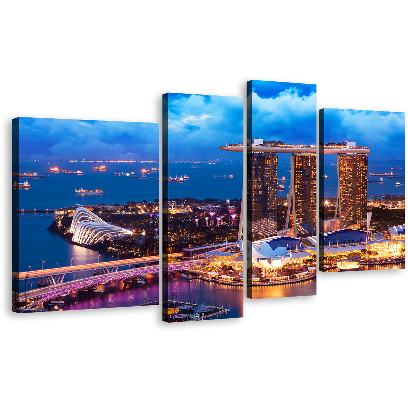 Singapore Cityscape Canvas Wall Art, Brown City at Dusk 4 Piece Canvas Print, Blue Sky Marina Bay Multi Canvas Artwork