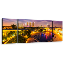 Load image into Gallery viewer, Singapore Cityscape Canvas Wall Art, Yellow Purple Evening Twilight 3 Piece Canvas Print
