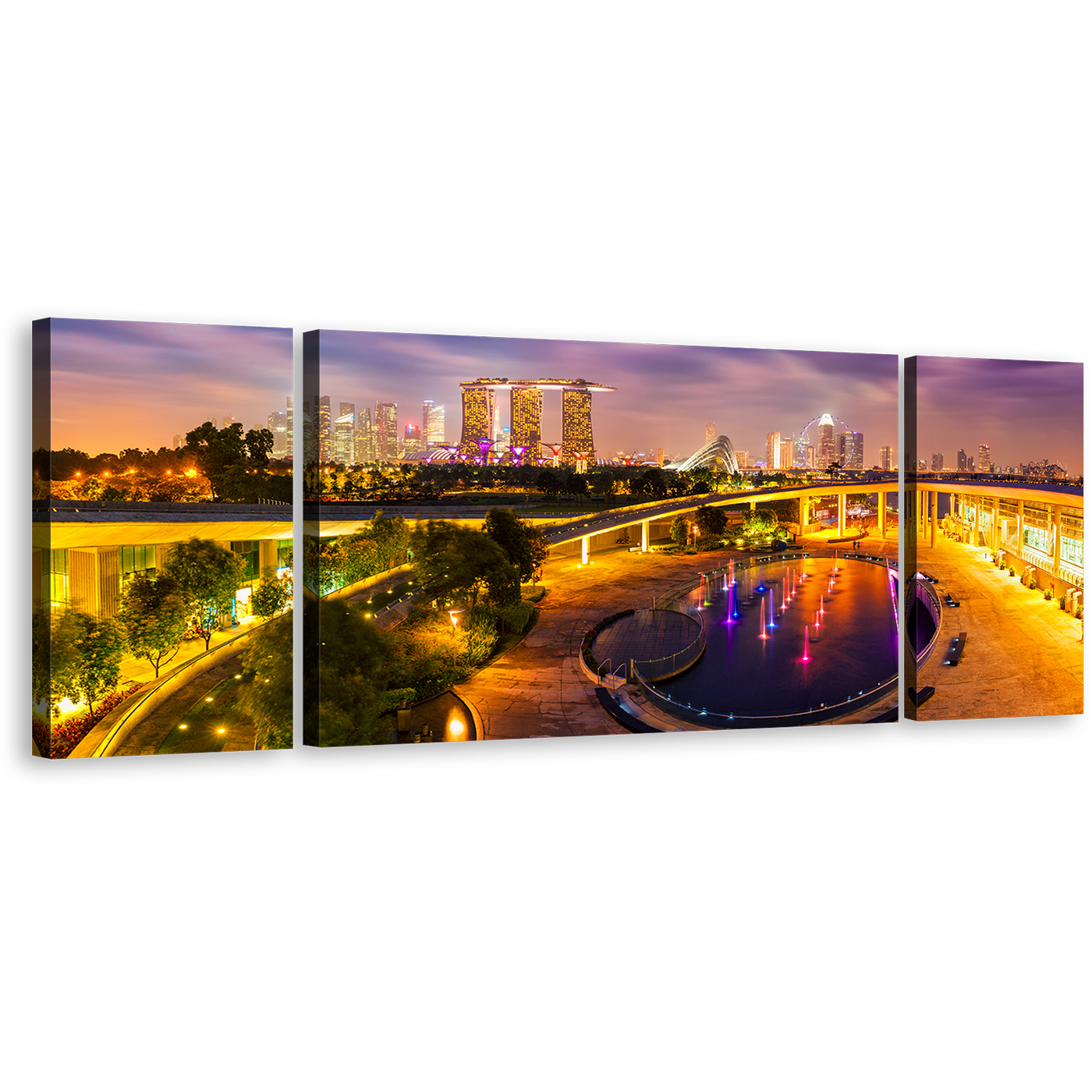 Singapore Cityscape Canvas Wall Art, Yellow Purple Evening Twilight 3 Piece Canvas Print