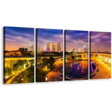 Load image into Gallery viewer, Singapore Cityscape Canvas Wall Art, Yellow Purple Evening Twilight 4 Piece Canvas Print
