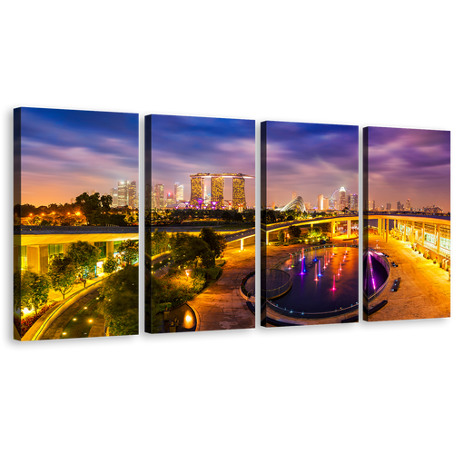 Singapore Cityscape Canvas Wall Art, Yellow Purple Evening Twilight 4 Piece Canvas Print