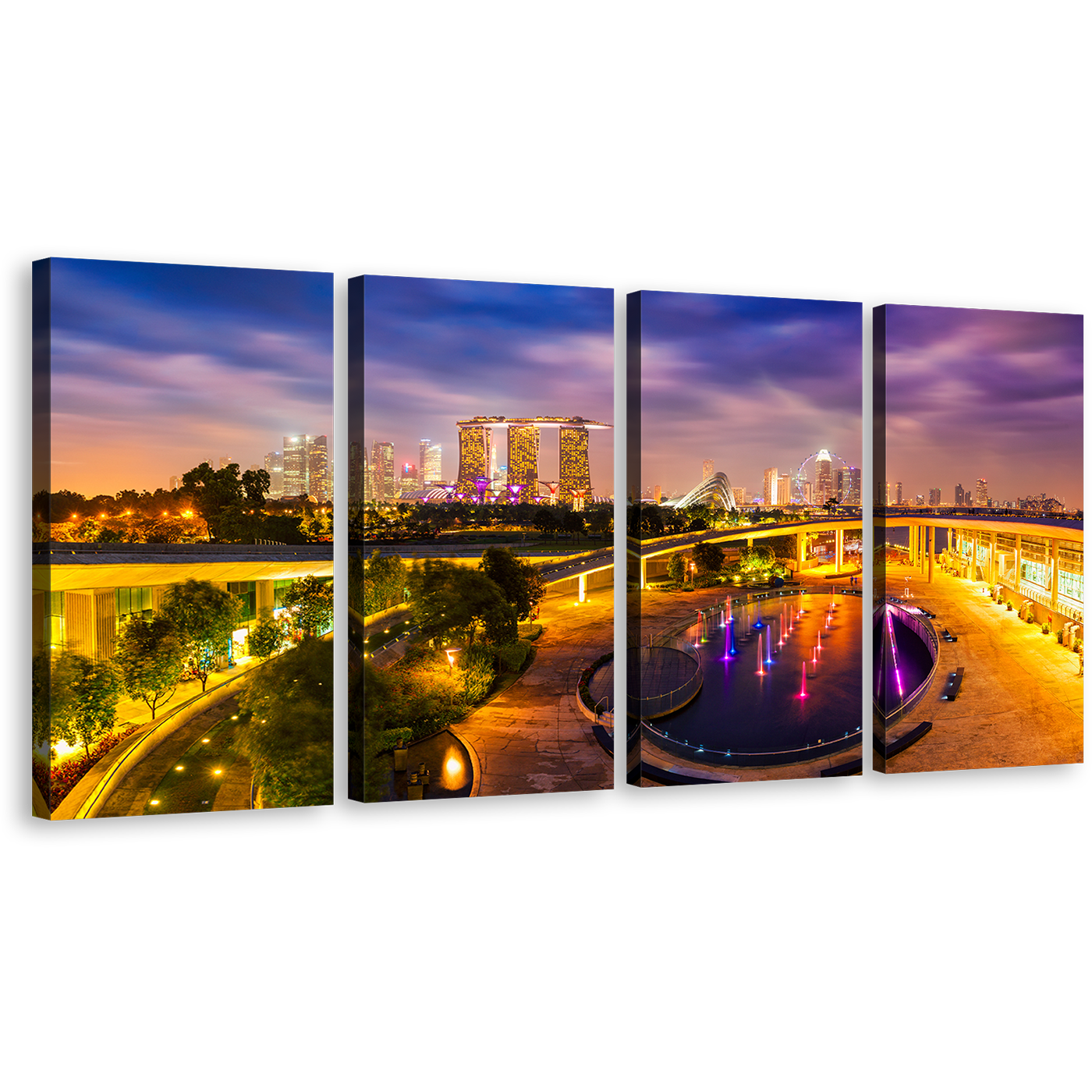 Singapore Cityscape Canvas Wall Art, Yellow Purple Evening Twilight 4 Piece Canvas Print