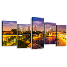 Load image into Gallery viewer, Singapore Cityscape Canvas Wall Art, Yellow Purple Evening Twilight 5 Piece Canvas Print
