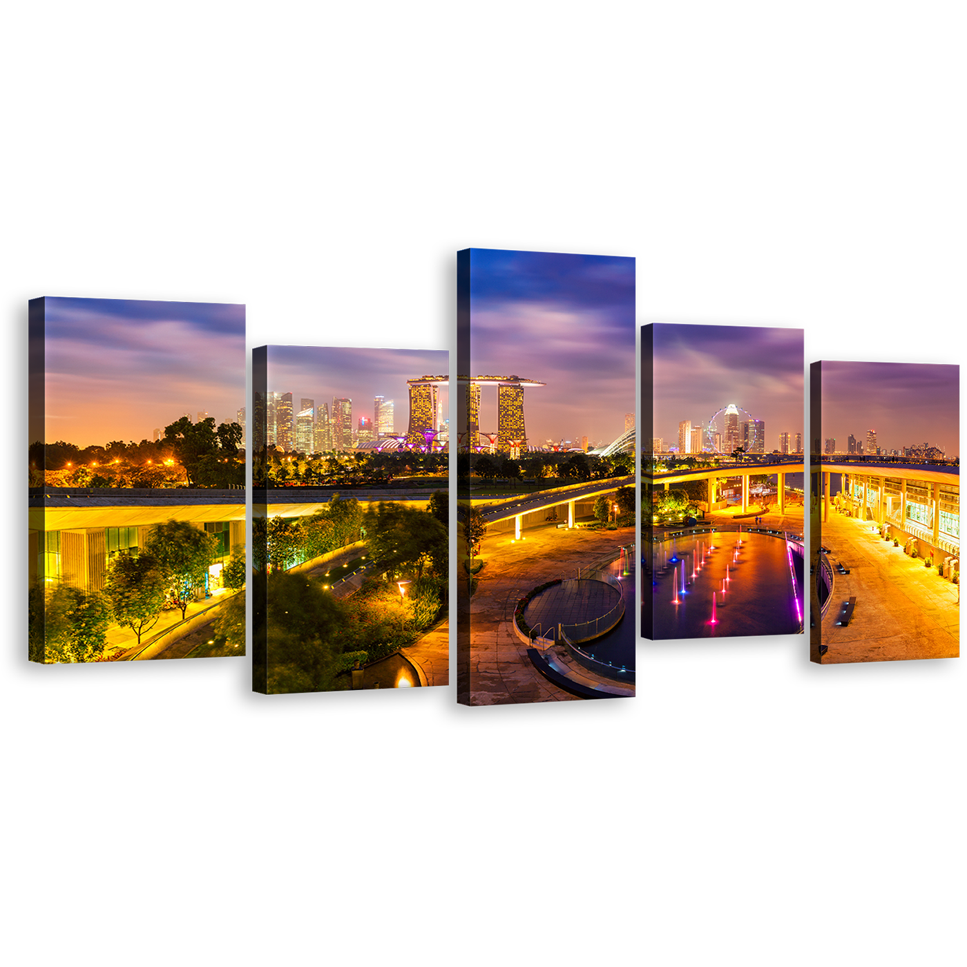 Singapore Cityscape Canvas Wall Art, Yellow Purple Evening Twilight 5 Piece Canvas Print