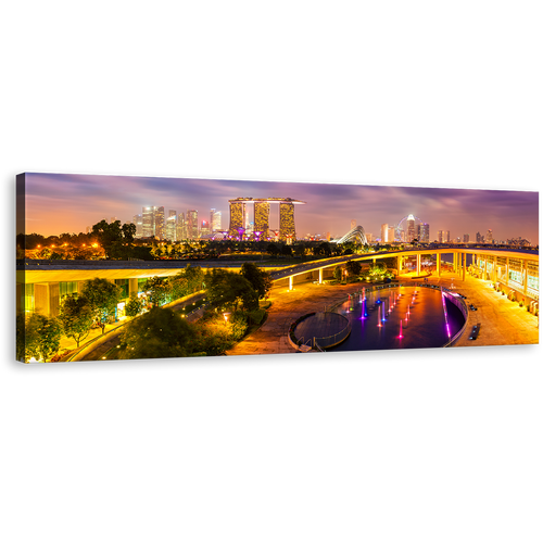 Singapore Cityscape Canvas Wall Art, Yellow Purple Evening Twilight Panoramic Canvas Print