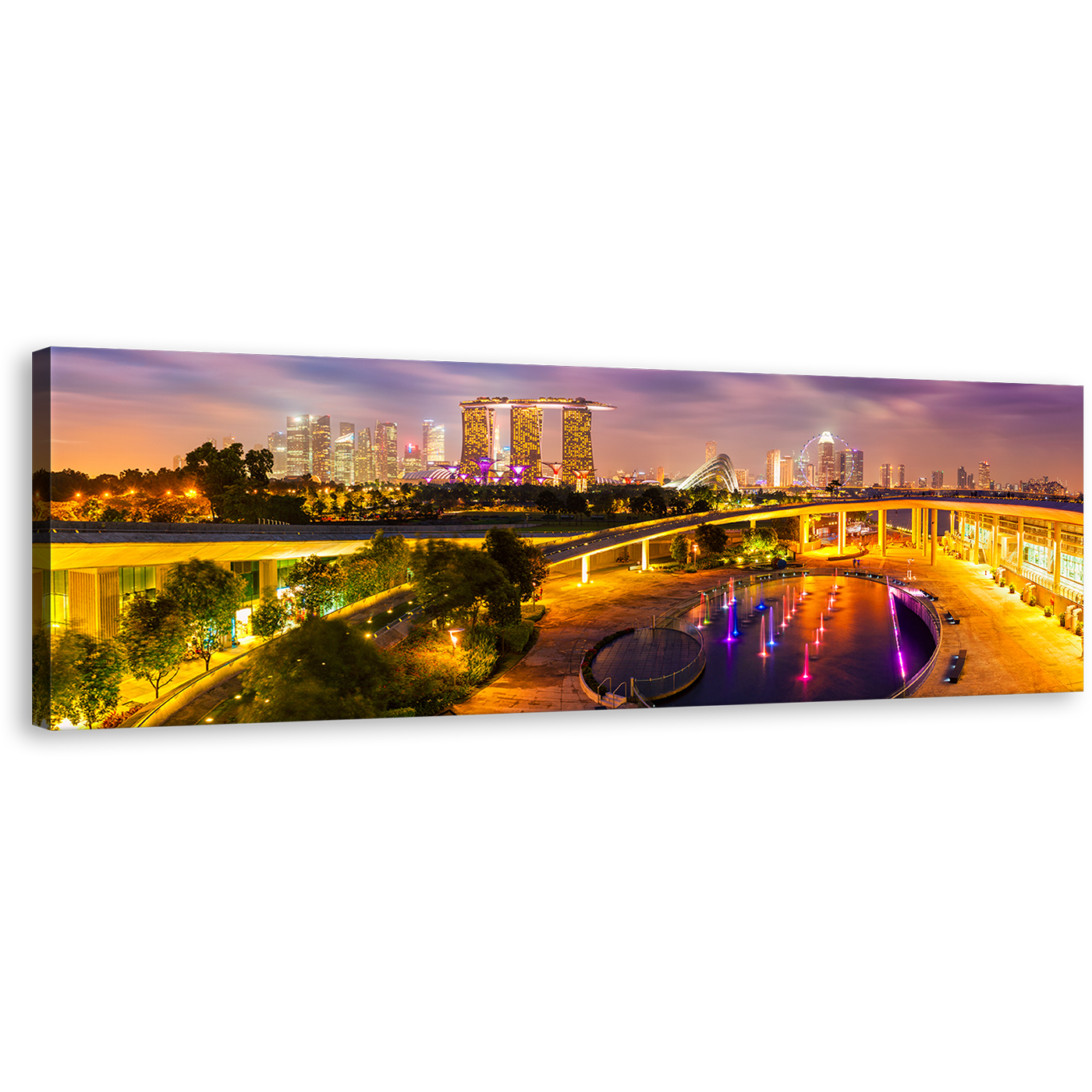 Singapore Cityscape Canvas Wall Art, Yellow Purple Evening Twilight Panoramic Canvas Print