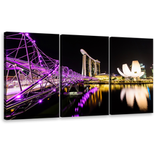 Load image into Gallery viewer, Singapore Hotel Canvas Print, Purple Helix Bridge 3 Piece Wall Art, Marina Bay Yellow Resort Reflection City Bridge Canvas Set
