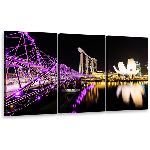 Singapore Hotel Canvas Print, Purple Helix Bridge 3 Piece Wall Art, Marina Bay Yellow Resort Reflection City Bridge Canvas Set