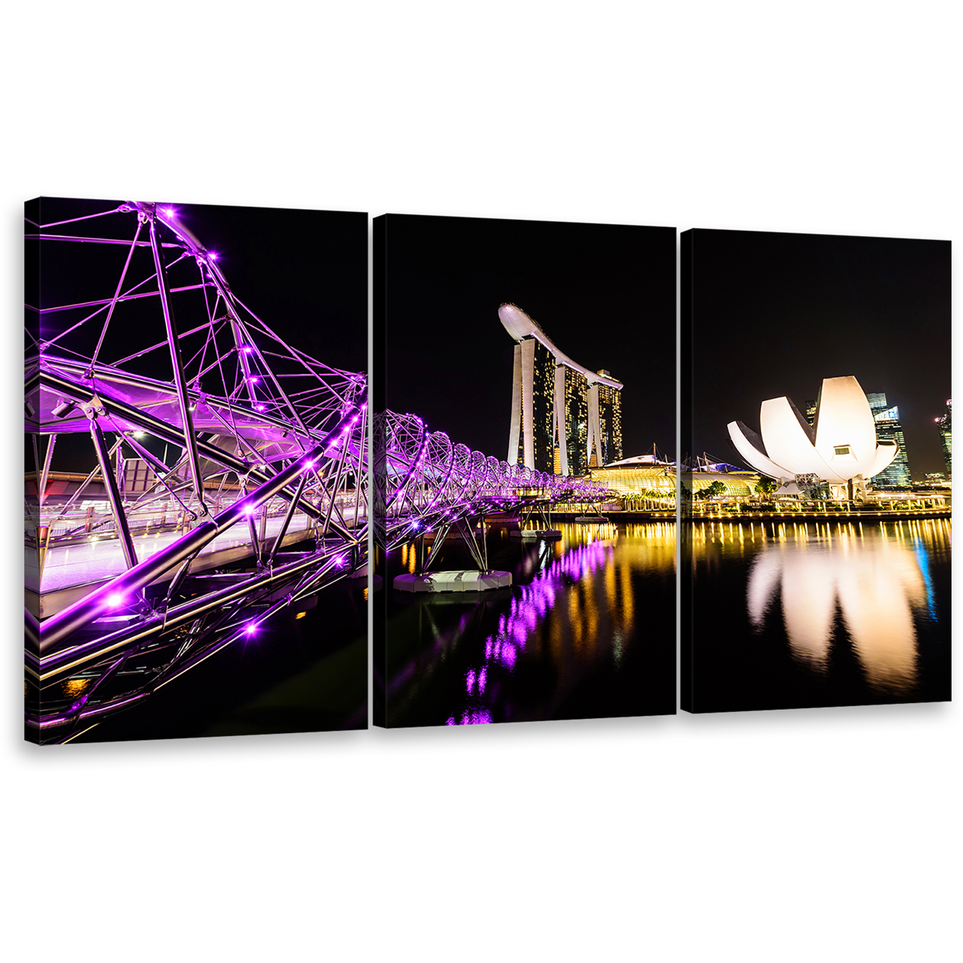 Singapore Hotel Canvas Print, Purple Helix Bridge 3 Piece Wall Art, Marina Bay Yellow Resort Reflection City Bridge Canvas Set