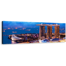 Load image into Gallery viewer, Singapore Landscape Canvas Wall Art, Yellow City at Dusk Wide Canvas, Blue Sky Marina bay Panoramic Canvas Print
