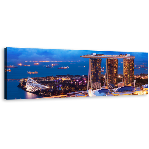 Singapore Landscape Canvas Wall Art, Yellow City at Dusk Wide Canvas, Blue Sky Marina bay Panoramic Canvas Print