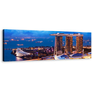 Singapore Landscape Canvas Wall Art, Yellow City at Dusk Wide Canvas, Blue Sky Marina bay Panoramic Canvas Print