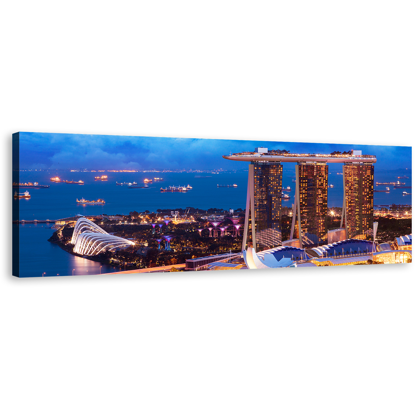 Singapore Landscape Canvas Wall Art, Yellow City at Dusk Wide Canvas, Blue Sky Marina bay Panoramic Canvas Print