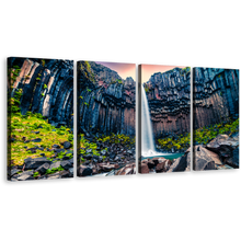 Load image into Gallery viewer, Skaftafell Waterfall Wall Art, Green Blue Rocks Scenery 4 Piece Multi Canvas, Vatnajokull National Park Black Fall Iceland Canvas Print
