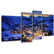 Load image into Gallery viewer, Ski Resort Canvas Wall Art, France Evening Blue Landscape Multi Canvas Artwork, Yellow Lights Snow Mountain Cabins 4 Piece Canvas Print
