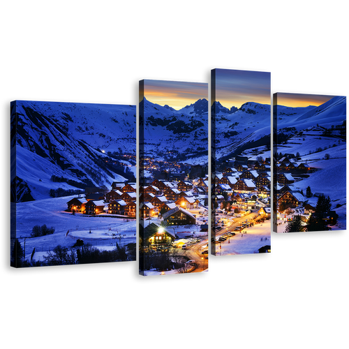 Ski Resort Canvas Wall Art, France Evening Blue Landscape Multi Canvas Artwork, Yellow Lights Snow Mountain Cabins 4 Piece Canvas Print