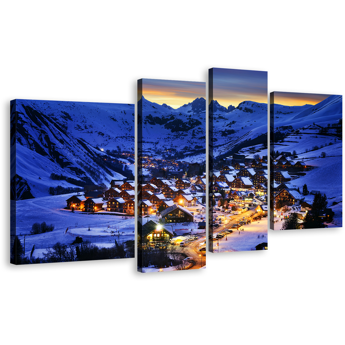 Ski Resort Canvas Wall Art, France Evening Blue Landscape Multi Canvas Artwork, Yellow Lights Snow Mountain Cabins 4 Piece Canvas Print