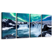 Load image into Gallery viewer, Skjalfandafljot River Canvas Print, Green Northern Lights Godafoss Waterfall 4 Piece Canvas Set, Blue Waterfall in Iceland Canvas Wall Art
